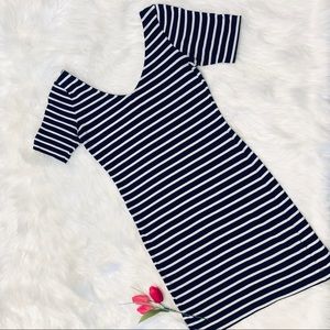 DIVIDED Dress Black and White Stripe V-Neck Short Sleeve Mini Bodycon Dress